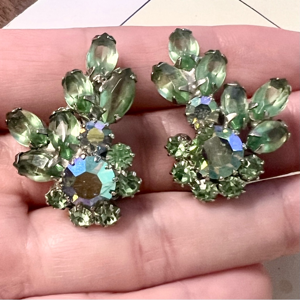 Large Vintage Weiss Green Ab Rhinestone Silver Tone Signed Clip On Earrings 68$
